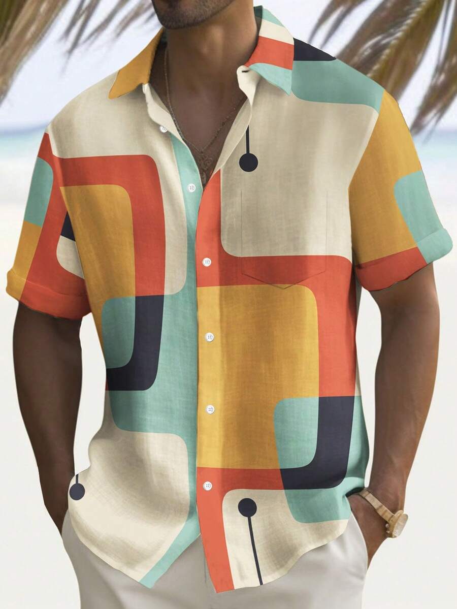 Retro 50s Geometric Atomic Print Button Pocket Short Sleeve Shirt, Plus Size - Multicolor - View 1