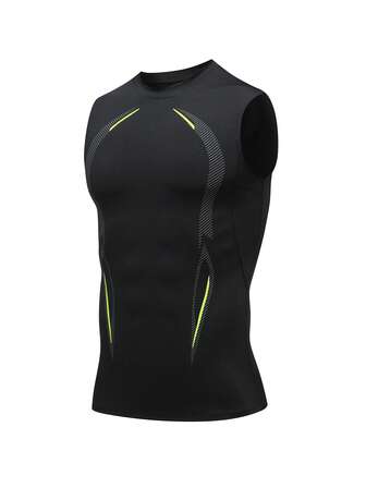 1 件男士黑色运动塑身背心高科技印花牛奶丝速干紧身弹力塑身背心户外训练打底背心休闲时尚印花篮球、足球橄榄球、运动训练背心、春夏礼物