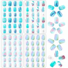 JANYUN 96 Pcs Kids False Nails - Press On, Full Cover, Short Nails In Blue Theme For Little Girls' Nail Art Decoration