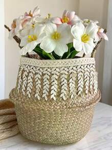 1 pieza Cesta de plantador de paja de mar tejida a mano - Maceta plegable para interiores/exteriores, decoración del hogar bohemia. Cesta de plantador de paja de mar, Cesta de paja de mar con flecos, Cesta de planta plegable, Plantador de paja de mar