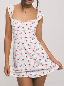 Ditsy Floral Cute Girl's Adjustable Ruffle Strap Side Invisible Zipper Criss-Cross Back Tie Mini Dress, Pink Flower, Suitable For Spring/Summer Vacation