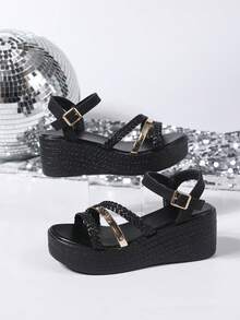 Sandal mùa hè cỡ lớn dành cho nữ, quai dệt có khóa cài, kiểu dáng thời trang đơn giản, hở mũi, đế dày chống trượt, thoải mái, đa năng, phù hợp với quần và váy, là món đồ cần thiết khi đi du lịch. - màu đen - Xem 4