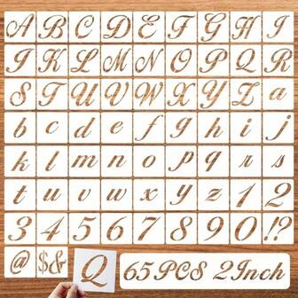 65 件可重复使用塑料 2 英寸字母模板：字母、数字和符号，适用于木画 - 书法风格艺术工艺模板、返校、学校用品