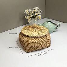 1個手工編織藤編收納盒附蓋，小收納盒，棋子盒，糖果盒，珠寶盒，藤編工藝 - 上圓下方盒子 - 查看 4