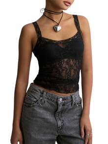 Women Camisoles Sleeveless Lace See-Through Casual Tank Tops Summer Casual Tops Streetwear - màu đen - Xem 3