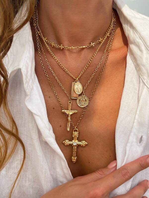 4pcs Vintage Metal Geometric Round Pendant Multilayer Necklace Set, Women Punk Style Jesus Cross Pendant Necklace