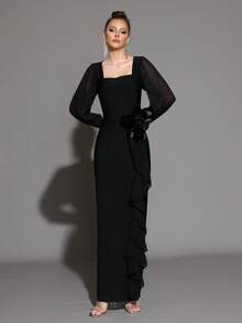 Modphy 一件式纯色绷带基本款优雅派对性感浪漫针织面料立体花卉荷叶边女士正式晚宴礼服连衣裙晚会约会婚礼派对生日派对毕业派对周年纪念节日正式晚宴婚礼嘉宾毕业舞会单身派对舞台和表演音乐会夏季 - 黑色 - 查看 3