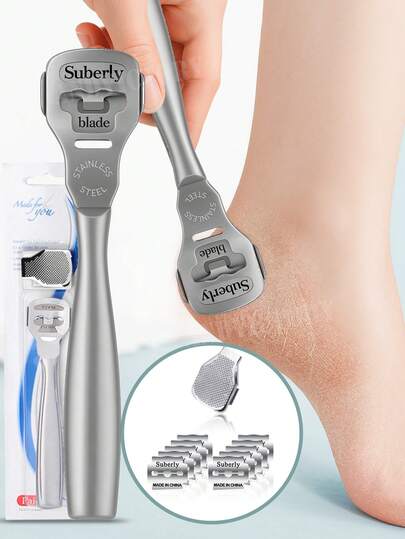 1Set Foot Razor Callus Remover Heel Hard Skin Corn Shaver Stainless Steel File Wood Grain Handle 10Pcs Blade Pedicure Tools Kit