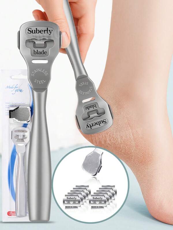 1Set Foot Razor Callus Remover Heel Hard Skin Corn Shaver Stainless Steel File Wood Grain Handle 10Pcs Blade Pedicure Tools Kit