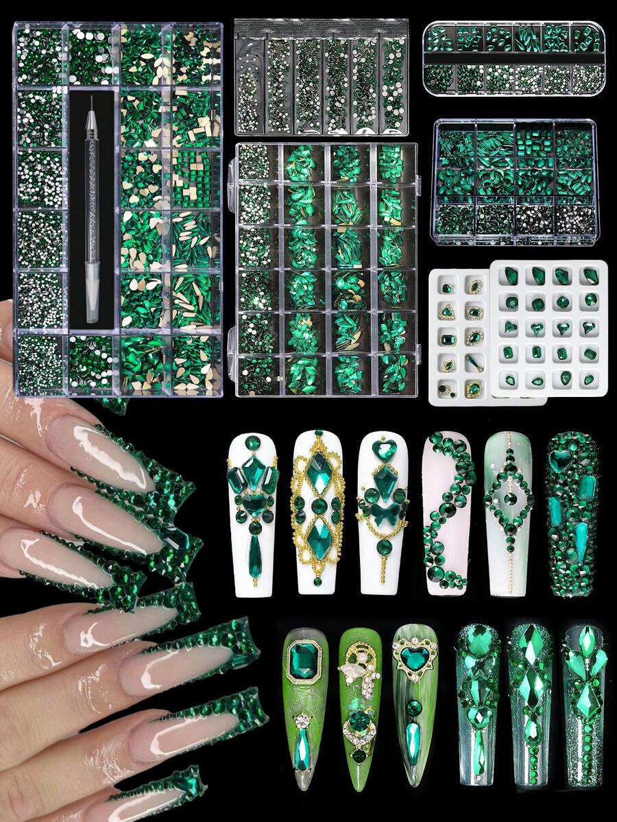1 Box Mixed Shiny Green Diamond Crystal Rhinestone 3D Nail Art Decorations Fashion Nail Charm Jewelry Manicure Design Ornament Accessories - 綠色 - 查看 1