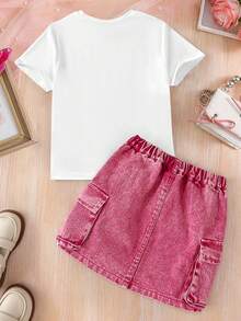 女童花朵刺绣短袖上衣和迷你裙两件套