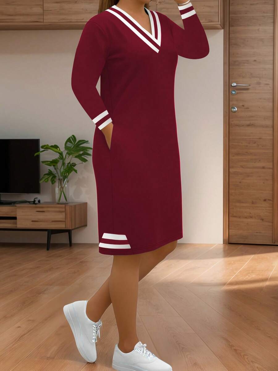 Plus Size Women Długi Rękaw Swobodna Elastyczna Dopasowana Sukienka, Modna I Wygodna Na Wiosnę, Jesień i Zimę