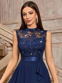MIUSOL Turtleneck Sequin Floral Lace Sleeveless Ruffle Hem Cocktail Party Dress - Navy Blue - View 7