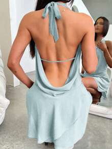 Solid Color Halter Neck Deep V-Neck Backless Sexy Asymmetrical Sheer Dress - Mint Blue - View 2
