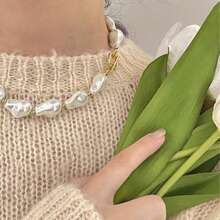 1pc Vintage-Inspired Gold Beaded Baroque Pearl Stainless Steel Lobster Clasp Necklace - White - View 5