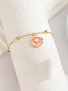 1pc Cute Fashion Faux Pearl Shell Charm Beaded Bracelet For Kids Girls Friends Summer Beach Vacation Party Accessory Gift For Daily Wear