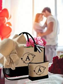 3pcs/Set Women'S Beach Tote Bag With Shoulder Straps,With Women'S Beach Hat And A Makeup Bag,Letter A-Z Beach Accessories Bag,Personalized Gift Bag With Side Pockets, Beach Bag With Scarf, Women'S Khaki Wave Beach Sun Hat - Khaki - View 3