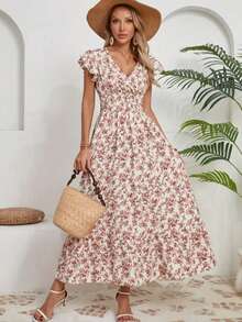Printed Tie Waist A-Line Dress With Ruffle Hem, Vacation Style Short Sleeve Dress - Apricot - View 4