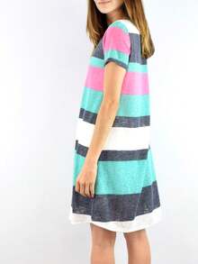 Boho Retro Rayon Cool Soft Summer Cuff Short Sleeve Crew Neck T Shirt Mini Dress Tunic With Pockets - 水藍色 - 查看 1