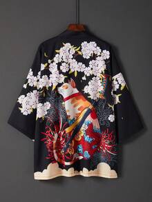 Retro Japan Style Loose 3/4 Sleeve Cat Samurai & Cherry Blossom Print Kimono Cover Up, Summer Beach Vacation Cover Up Robe