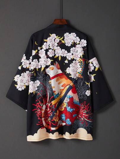 Retro Japan Style Loose 3/4 Sleeve Cat Samurai & Cherry Blossom Print Kimono Cover Up, Summer Beach Vacation Cover Up Robe
