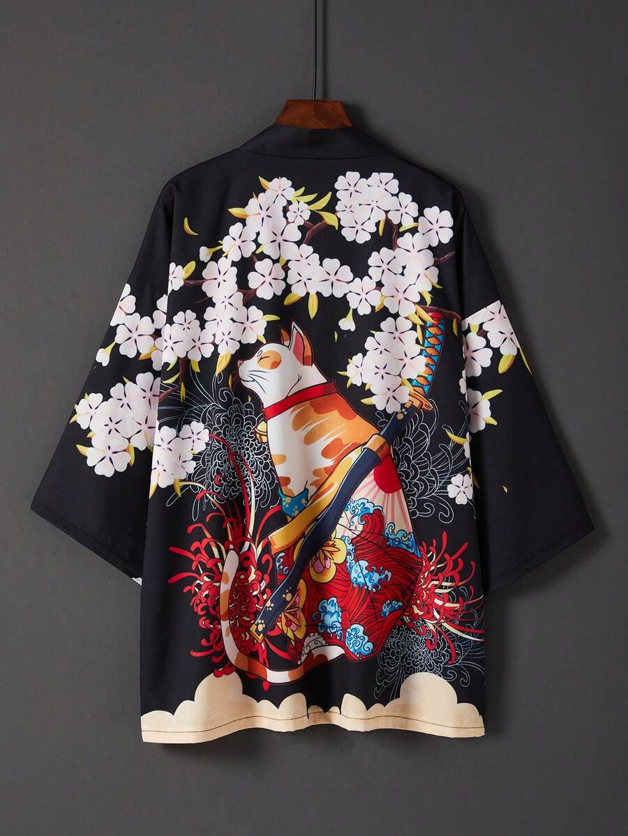 Retro Japan Style Loose 3/4 Sleeve Cat Samurai & Cherry Blossom Print Kimono Cover Up, Summer Beach Vacation Cover Up Robe