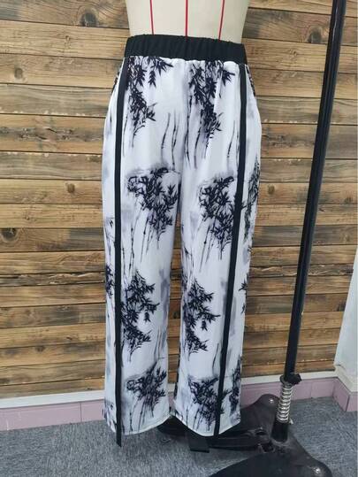 Pantalones anchos de mujer de poliéster, con estampado de bambú negro, cintura con cordón, tela ligeramente elástica
