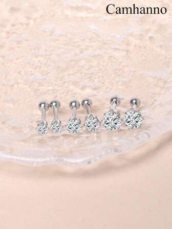 6pcs Stainless Steel Bright Cubic Zirconia Stud Earrings For Men And Women