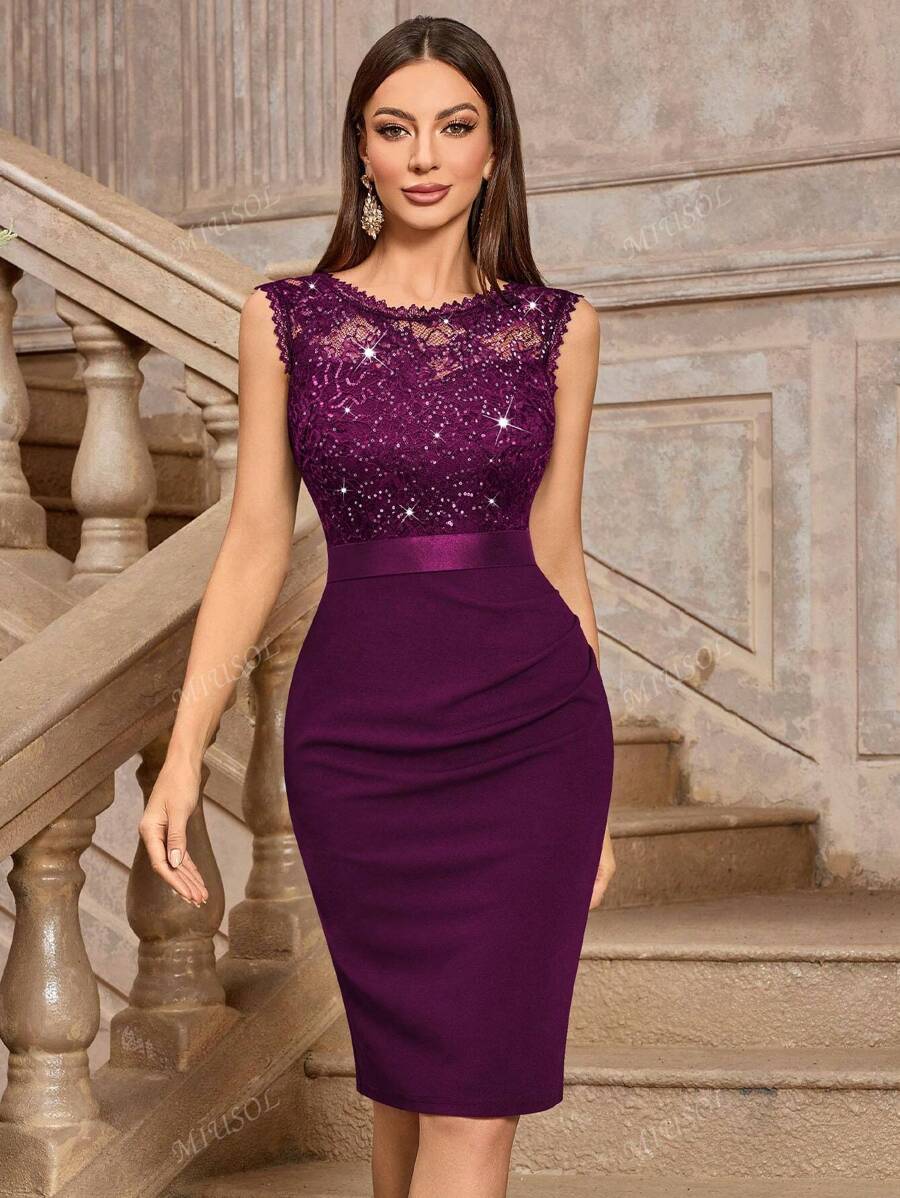 MIUSOL Vestido ajustado de cóctel con cuello redondo sin mangas, con encaje y lentejuelas con diseño floral clásico