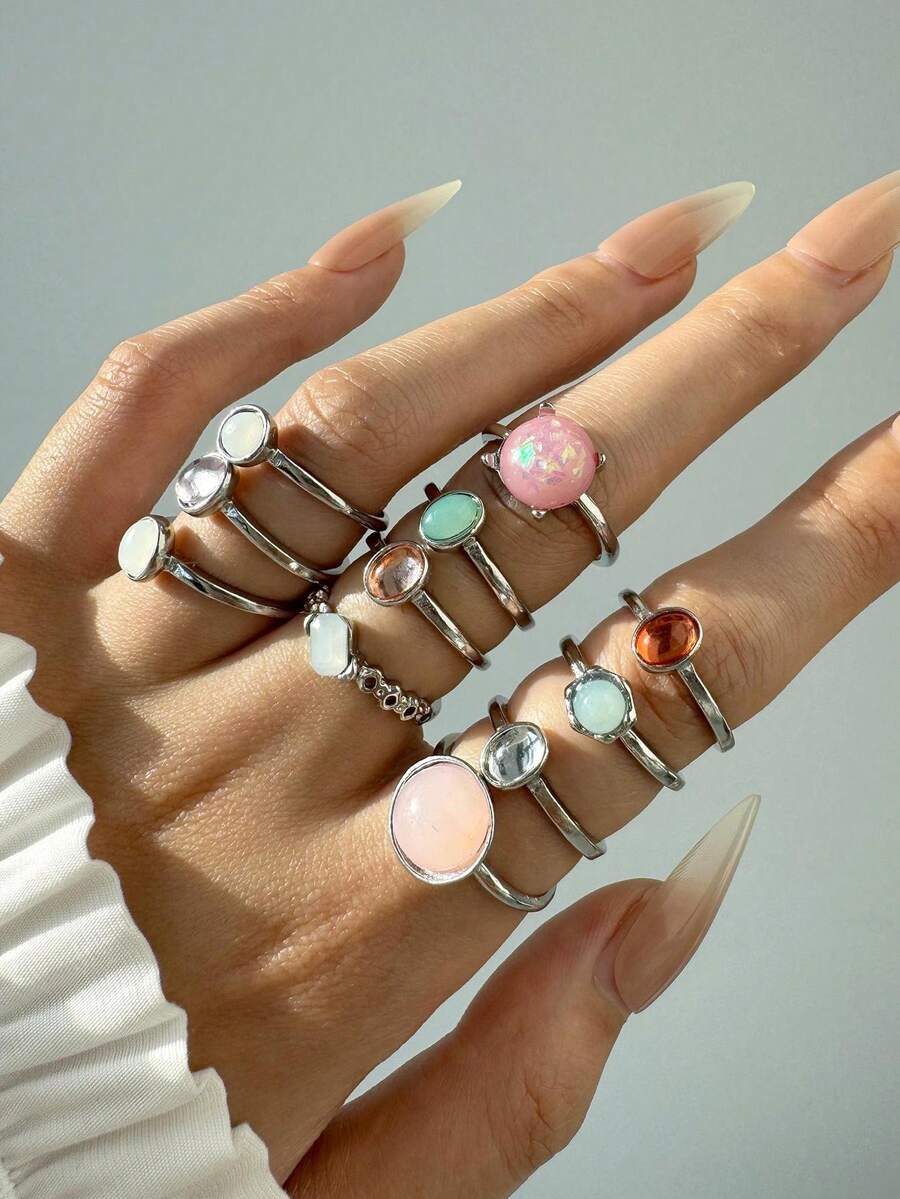 7 件套彩色水晶金属几何戒指套装，女士珠宝 - 彩色 - 查看 1