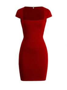 Summer Women's Knitted Sexy Slim Hip Wrap Solid Color Dress - 酒紅色 - 查看 3