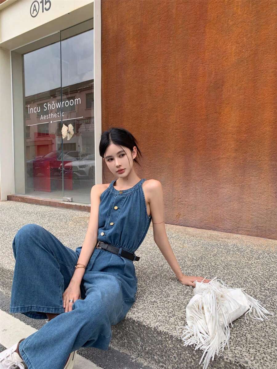 韩版宽松休闲时尚无袖阔腿牛仔连体裤 - 藍色 - 查看 1