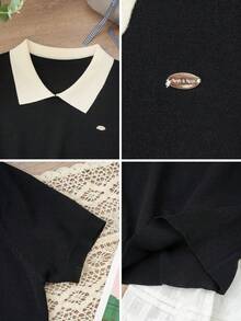 韩版夏季返校新款Polo领针织短袖T恤女撞色上衣 - 黑色 - 查看 8