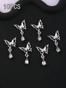 10 pezzi di decorazioni a forma di farfalla 3D, pendenti a goccia d'acqua, accessori per unghie, gioielli in lega 3D di colore argento e rosa, adatti per decorazione fai-da-te delle unghie