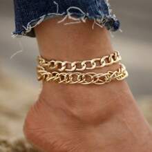 2 piezas tobillera con cadena gruesa, joyería de playa de verano con doble estilo exagerado chapada en oro para chicas