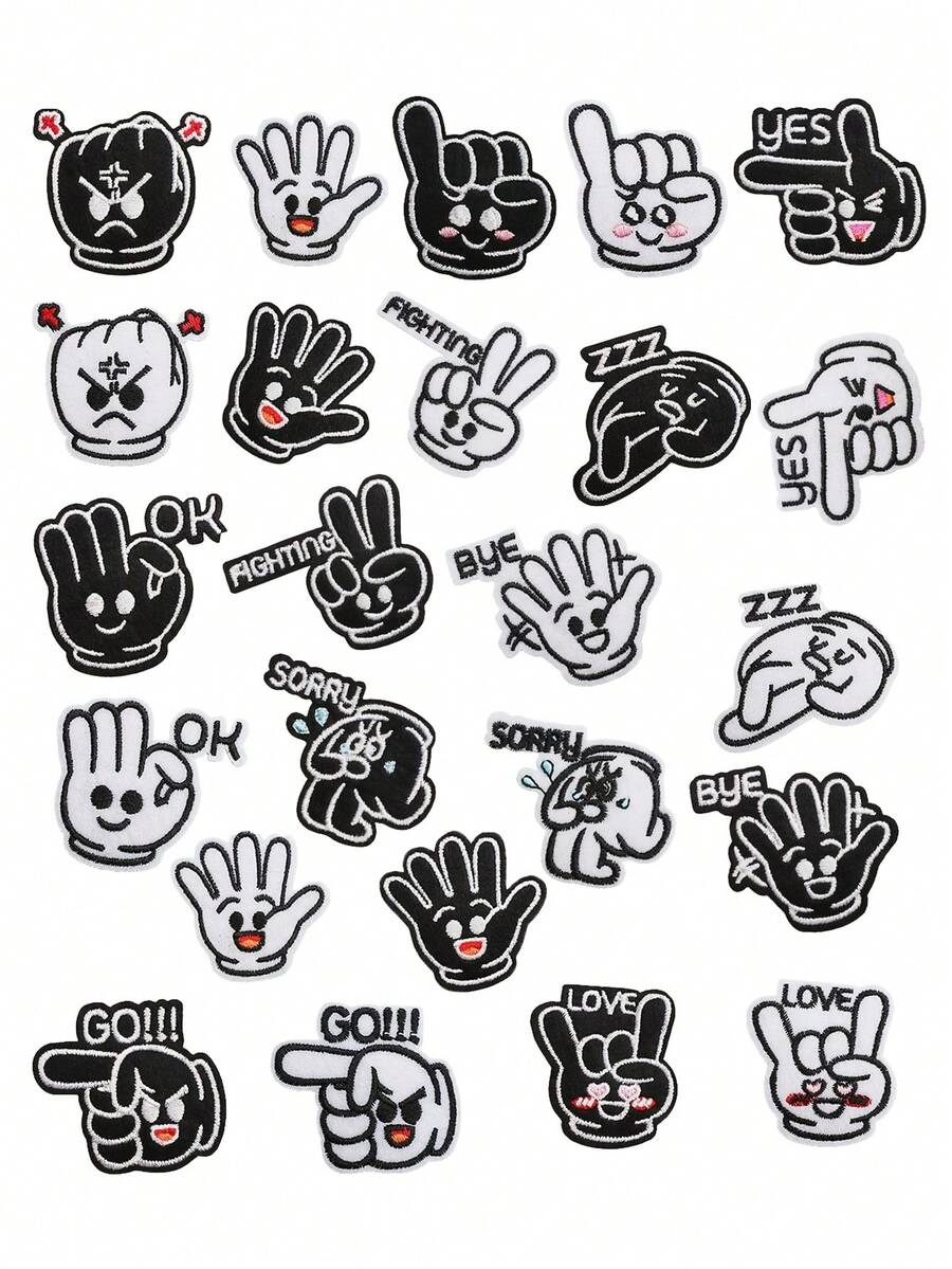 12/24pcs Cute Black & White Hand Gesture Iron-On Patches DIY Clothes Backpack Decoration Applique Embroidered Badges - Multicolor - View 1