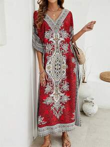 Women Kimono Tunic Kaftan Long Dress Party Dress For Casual Holiday Night Beach - Red - View 4