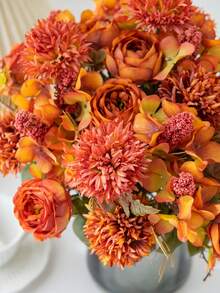 1/3 浪漫丝绸玫瑰、绣球花和牡丹花束，人造花卉装饰，塑料花，手持花束，户外装饰，适用于婚礼/家居/卧室/客厅/餐桌/新娘捧花/母亲节/秋季装饰 - 橘黃色 - 查看 3