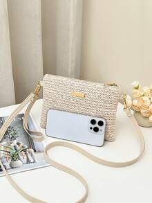 1pc Women's Mini Fashionable Straw Woven Shoulder Crossbody Bag, Casual Versatile Small Square Handbag Clutch With Zipper Closure, 2 Strap Options, Gift/Street/Holiday - Beige - View 5