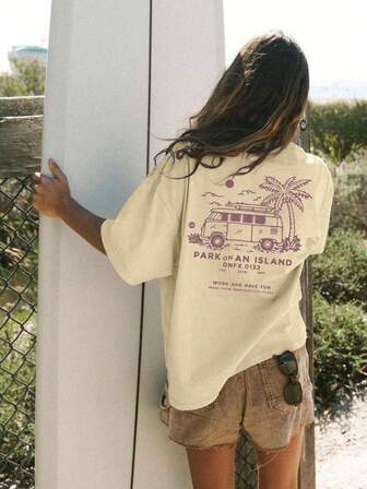 Spring And Summer Women's Solid-Color Graphic Tees, Beach Country Vacation Letter Slogan T-Shirt, Travel RV Print, Surf Club, Retro , Everyday Wear, Short-Sleeved Round Neck Fashion Tops