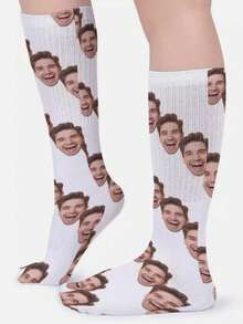 1 Pair 2025 New Head Socks, Custom Fun Crewneck Socks (With Photos) As A Lady's Gift, Sports Socks, Men's Gift Custom Valentine's Day Birthday Gift, As A Valentine's Gift, Men's Novelty Socks, Women's Novelty Socks, Family Custom Socks, New Year Custom Socks, Women's Socks - White - View 4