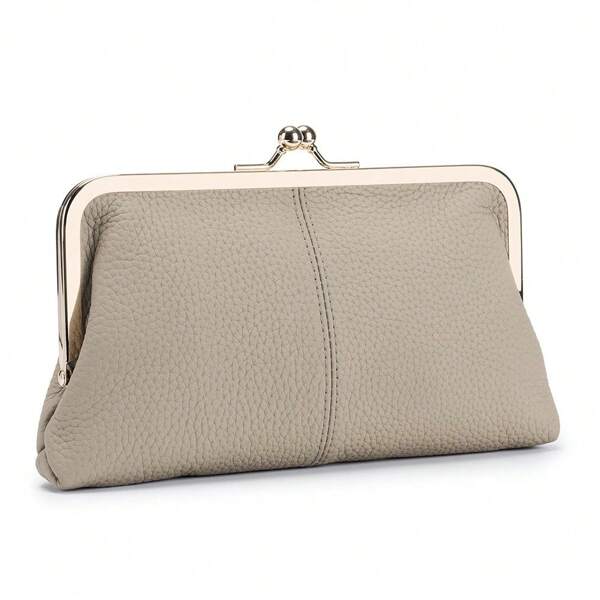 Women's Fashion Wallet, Kiss Lock, Women's Long Wallet, Elegant And Elegant, Genuine Leather Wallet, With Multi-Card Slots, Suitable For Mobile Phone