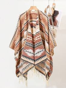 1pc New Geometric & Floral Print Hooded Cape/Shawl - Multicolor - View 20