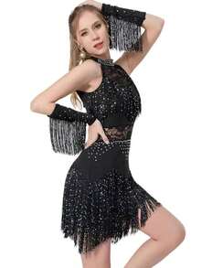激情拉丁舞服装 - 闪亮水钻蕾丝边流苏裙，适合恰恰/伦巴舞比赛和狂欢节庆典 - 黑色 - 查看 13