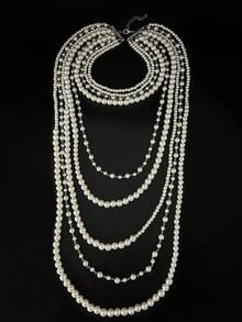 1pc Handmade 9-Layer Twisted Faux Pearl Exaggerated Long Necklace, Fashionable Design - White - View 7