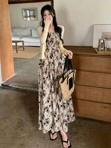 女士玫瑰花卉褶裥中长连衣裙，法式收腰设计，夏季新品系列 - 杏色 - 查看 5