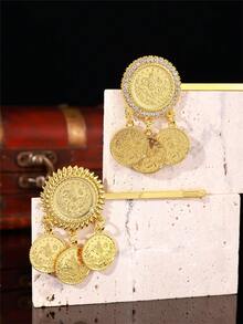 Zinc Alloy Coin Shaped Hair Clips For Women, Matching Coin Pendant Fashion Hair Accessories Suitable For Various Occasions As Gift