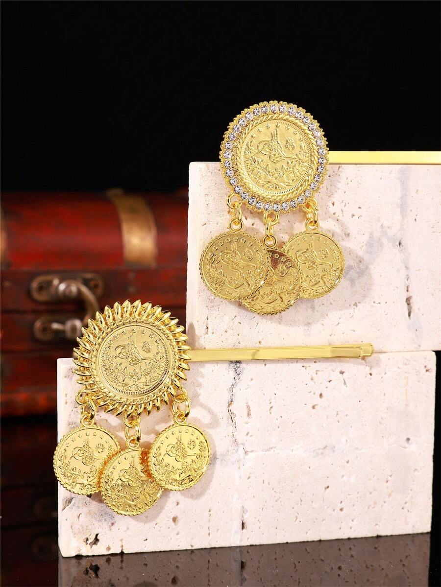 Zinc Alloy Coin Shaped Hair Clips For Women, Matching Coin Pendant Fashion Hair Accessories Suitable For Various Occasions As Gift