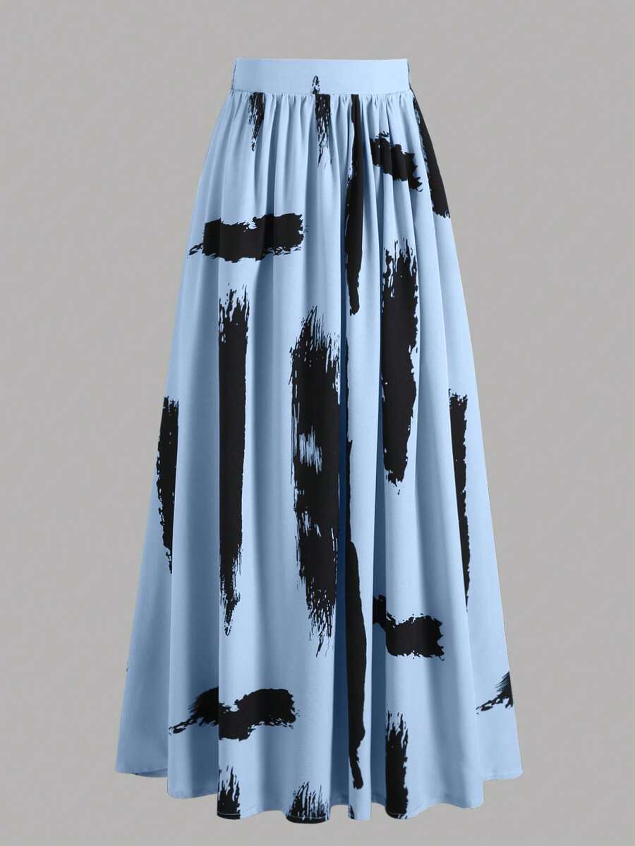 EARO 女士休闲宽松艺术水墨印花修身半身裙 - 天藍 - 查看 1