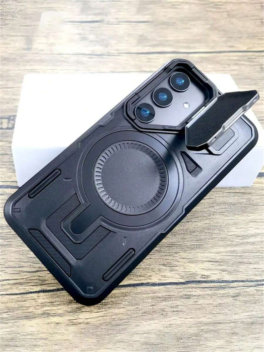 Luxury Shockproof Armor Phone Case Compatible With Samsung Galaxy S25 S24 Plus S25Ultra S24Ultra S23Ultra S22Ultra A55 A35 5G With Wireless Charge And Camera Lens Stand Full Protect Hard Bumper Cover - Black - View 1